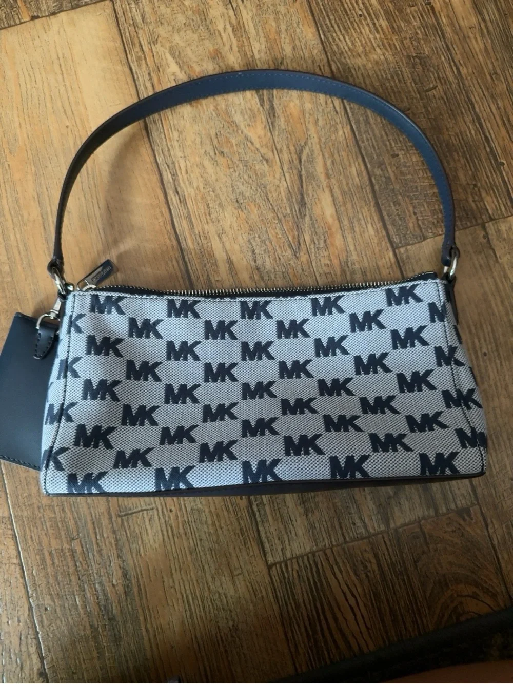 Michael Kors Navy and White MK Monogram Shoulder Bag with Center Stripe